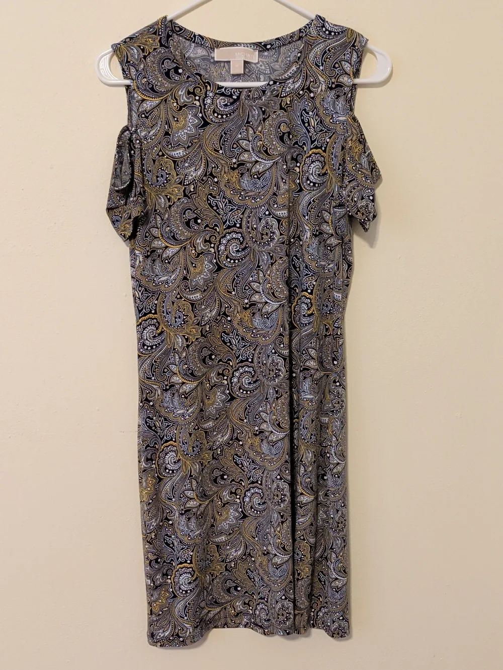 Michael Kors Black and Gold Paisley Cold-Shoulder Midi Dress